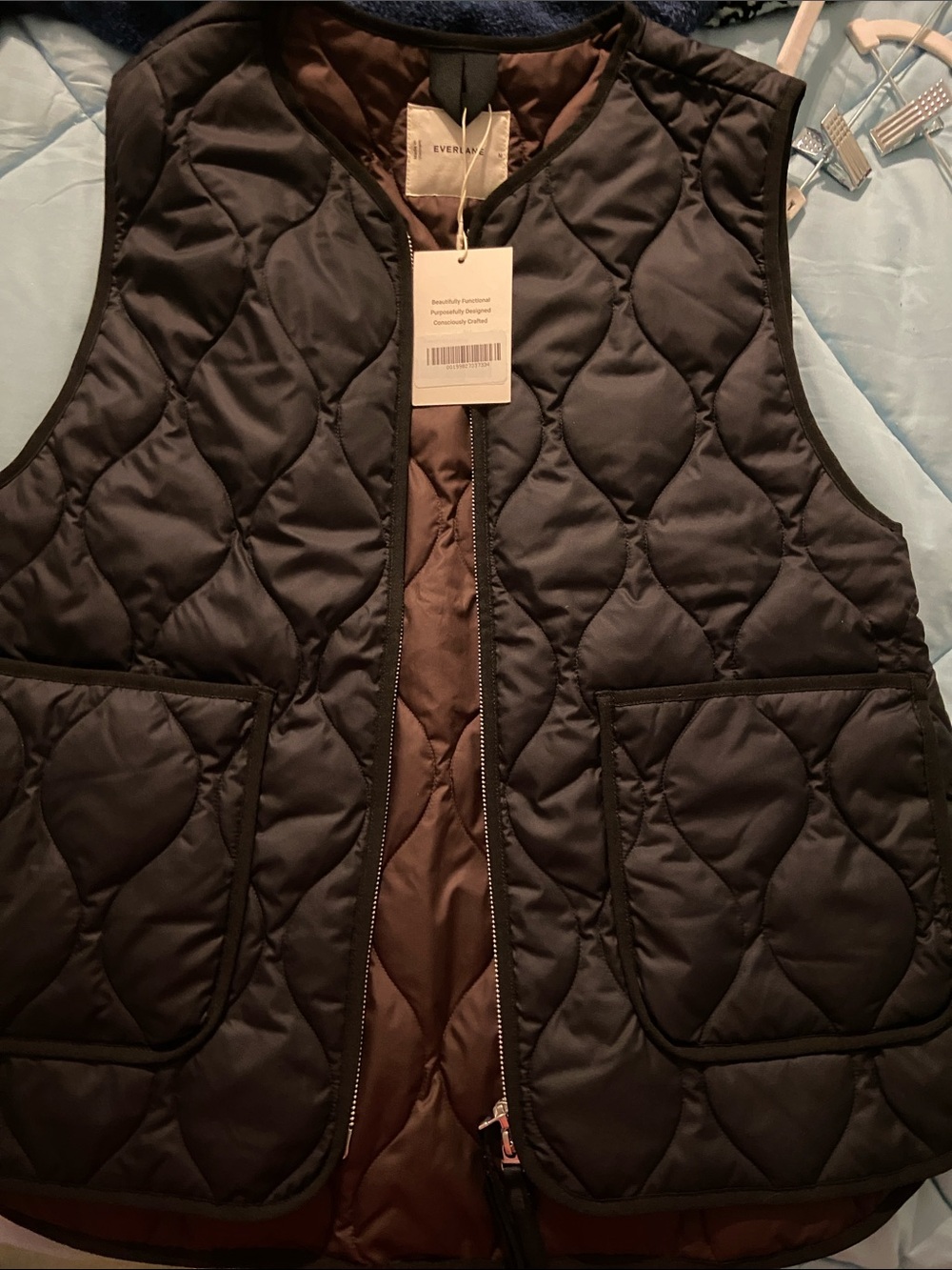 Everlane Quilted Vest in Black with Brown Interior